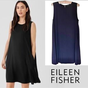 Eileen Fisher Silk Georgette Crepe Matte Navy Blue Swing Dress w/Pockets!| PM